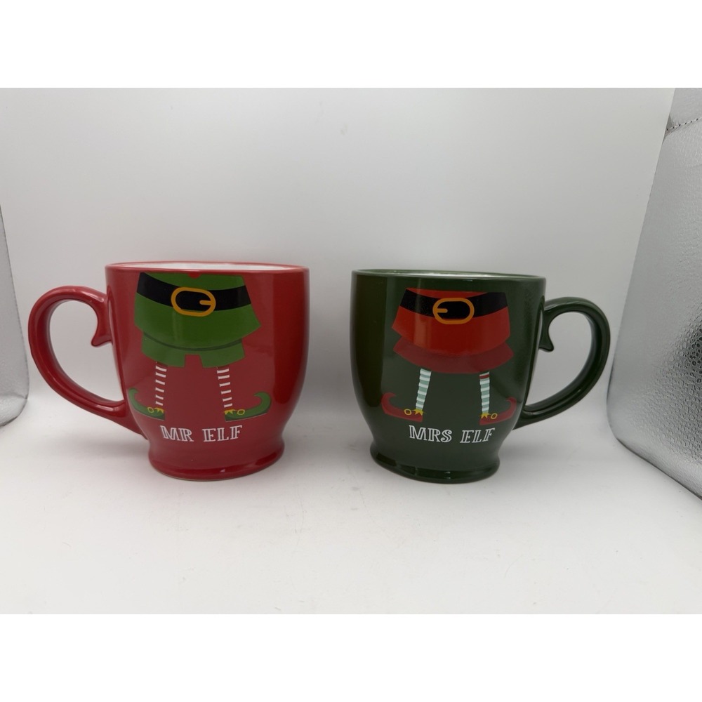 Mr & Mrs Elf Christmas Coffee Mug Set Red Green Holiday Ceramic Cups Pair